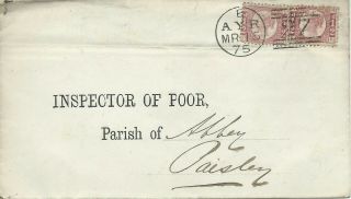 Gb 1875 1/2d Rose X 2 Pl.  3 & 5 Cover With Ayr 27 Duplex To Insp Of Poor Paisley