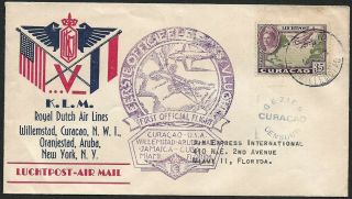 Curacao 1943 First Flight Cover To Usa With Curacao Censor