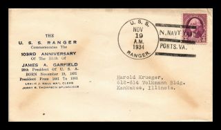 Dr Jim Stamps Us James Garfield Birth Anniversary Uss Ranger Naval Cover 1934