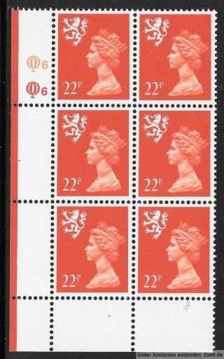 Gb/scotland 1971/98 22p Plate Block,  Sg Xsl43/s66,  Plate 6,  6.  Mnh