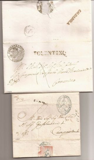 Italy - 1818/1864 /1860 - 3 Fl Stampless Covers - All From Tolentino - 2 To Cancerino