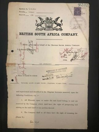 Bsac Arms 1922 Deeds Transfer Document With 3/ - Arms Tied By Registrar Of Deeds