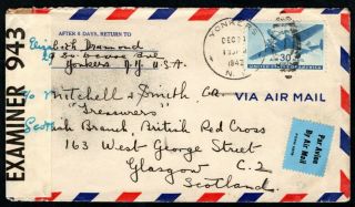 Usa 1942 Ww2 Censor Airmail Cover York To Glasgow,  Yonkers Postmark