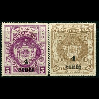 North Borneo 1904 - 05 4c On $5,  4c On $10.  Sg 156 - 157.  No Gum.  (fm299)