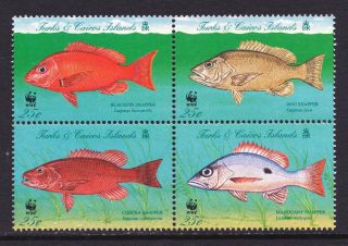 Turks & Caicos 1998 World Wildlife Fund - Fish - Mnh Block Of 4 - (312)