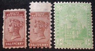 South Australia 1883 - 99 3 X Stamps Hinged