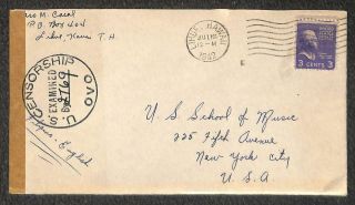 Usa Scott 807 Prexy Stamp Lihue Hawaii To York Censored Cover 1942