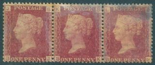 Strip Of 3 Gb Qv 1d Red Sg43 Penny Red Stamps