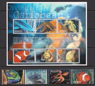 Dominica 2001 Diving - Fish - Mnh Stamps & Mini Sheet - Cat £15.  35 - (323)