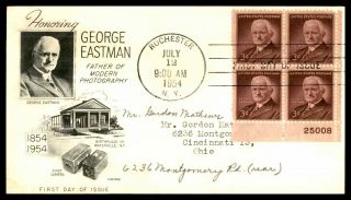 Mayfairstamps Us Fdc 1954 George Eastman Plate Block Fleetwood First Day Cover W