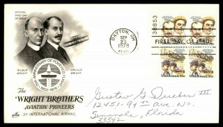 Mayfairstamps Us Fdc 1978 Art Craft Plate Block Wright Bros First Day Cover Wwb9