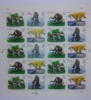 Prehistoric Mammals Stamp Sheet; 20 X 32 Cent; United States Postage Stamps 1994