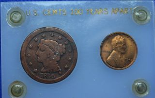 Us Cents 100 Years Apart 1845 - 1945.  Large And Small Coins