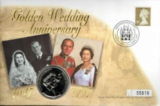 Golden Wedding Fdc 21 - 4 - 97,  1947 - 1997 Gb Bu £5 Coin F5