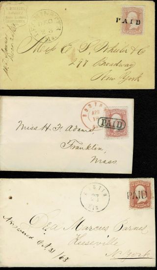 Scott 65 On Covers With Cds Town And " Paid " Fancy Cancels - (gt31)
