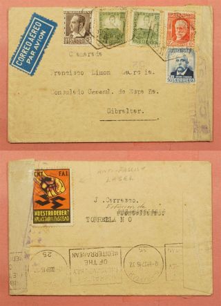 Spain Tied Anti - Fascist Label 1942 Airmail To Gibraltar Wwii Censored