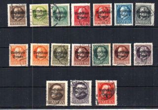 German State Bavaria 1919 Scott 136 - 152 Overprints.  Postally.