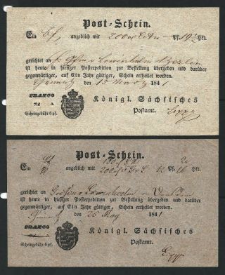 German States Saxony/ Sachsen 1847 Post Schein X 2 Chemnitz ??