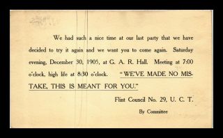 US POSTAL CARD FLINT MICHIGAN FLINT COUNCIL NO 29 U.  C.  T.  PARTY 1905 2