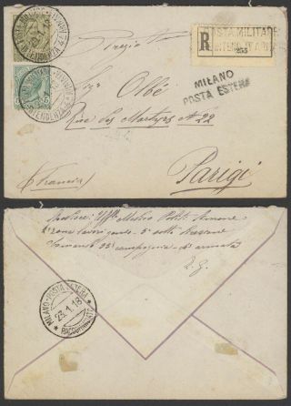 Italy Wwi 1918 - Registered Field Post Cover Milano To Paris France D105