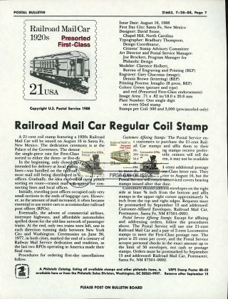 Ranto Cachet Us Fdc 2265 Unofficial Souvenir Page Railroad Mail Car 1988