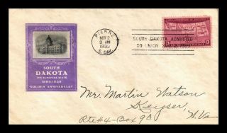 Dr Jim Stamps Us Fifty Years Statehood Fdc Cover Scott 858 South Dakota