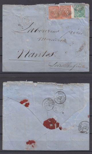 Lot:31918 Gb Qv Cover To Nantes France Bearing 2x Sg95 4d Vermilion And Sg101