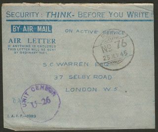 Indian Army Fpo No 76 July 1945 Unstamped Air Letter Rangoon??,  Burma To Uk