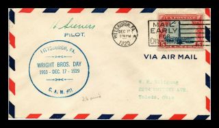 Dr Jim Stamps Us Pittsburgh Wright Brothers Day Cam 11 Air Mail Cover 1929