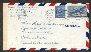Usa Scott 810 Prexy & C30 Airmail Stamps York To Colombia Censored Cover 42