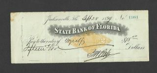 U.  S.  1899 Check,  State Bank Of Florida (jacksonville) With Rn - X6 Revenue