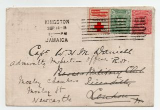 1915 Cover From Kingston Jamaica To London Then Newcastle With Red Cross Label