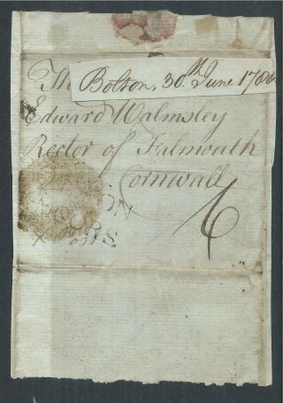 Gb 1788 6d Piece With Bolton Le Moors 2 Line Cachet To Rector Of Falmouth X - Post
