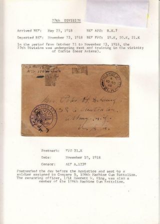 1918,  Aef In Bef: Fpo 21.  K,  106th M.  G.  Batt. ,  27th Div. ,  See Remark (m4214)