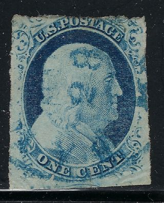 Scott 9 1852 1 Cent Franklin Regular Issue Type Iv Blue Cancel Vg Cat $25