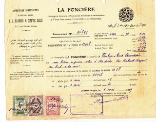 Turkey.  1919 An Insurance Document.  La Fonciere.  Constantinople.  Ottom.  Revenues