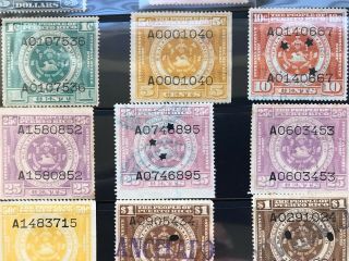 Puerto Rico Internal Revenue,  lot 17 stamps,  varieties,  includes $5 y $50 stamp 3