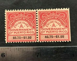Puerto Rico Ca1900 Dpt Of Finance Excise Tax Stamp A,  Strip Of 2,  $0.  75 - $1.  00