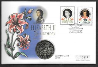 Guernsey £5 Coin On 1996 Qeii 70th Birthday Pnc First Day Cover.