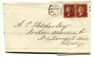 Gb 1859 Pair 1d.  Red “stars” On Wrapper From Liverpool “466” Duplex To London