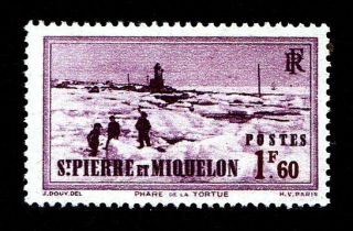 St Pierre & Miquelon - Scott 196 1940 1.  60f Tortue Lighthouse - Mnh