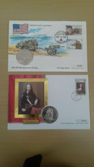 First Day Covers Turks & Caicos Charles I & Bvi Juno Beach With Unc.  Coins Crown