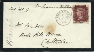 Gb 1864 1d Red Pl.  91 Mourning Cover With Lancaster 436 Duplex To Cheltenham