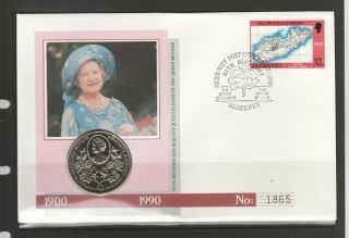 Alderney Coin Cover,  Queen Mother 90th Birthday,  With £2 Alderney Coin,  32p Map