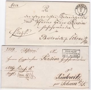1858/69 2 X Diff Breslau Postmarks Stampless Letters Paper Seals - Germany