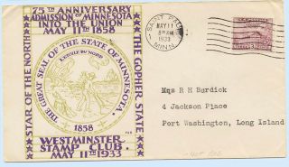 Us 1933 75th Anniversary Minnesota Westminster Stamp Club Event Cover