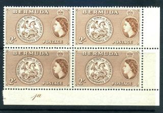 Bermuda 1953 - 58 Queen Elizabeth.  Sc 158.  2 Shillings.  Numbered Plate Block Mnh