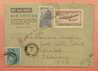 1953 Prexie As Due Mixed Frank India Air Letter Calcutta To Usa Postage Due