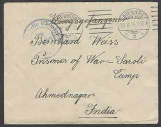 Germany WW1 1916 cover to Prisoner of War Saroli Camp Ahmednagar India 2