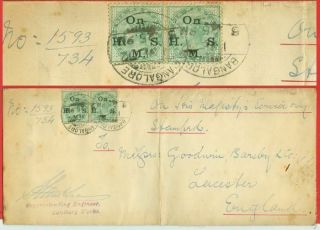 India Victoria Qv 1/2a Service (on H M S) Pair On Bangalore Cover To Gb 1892